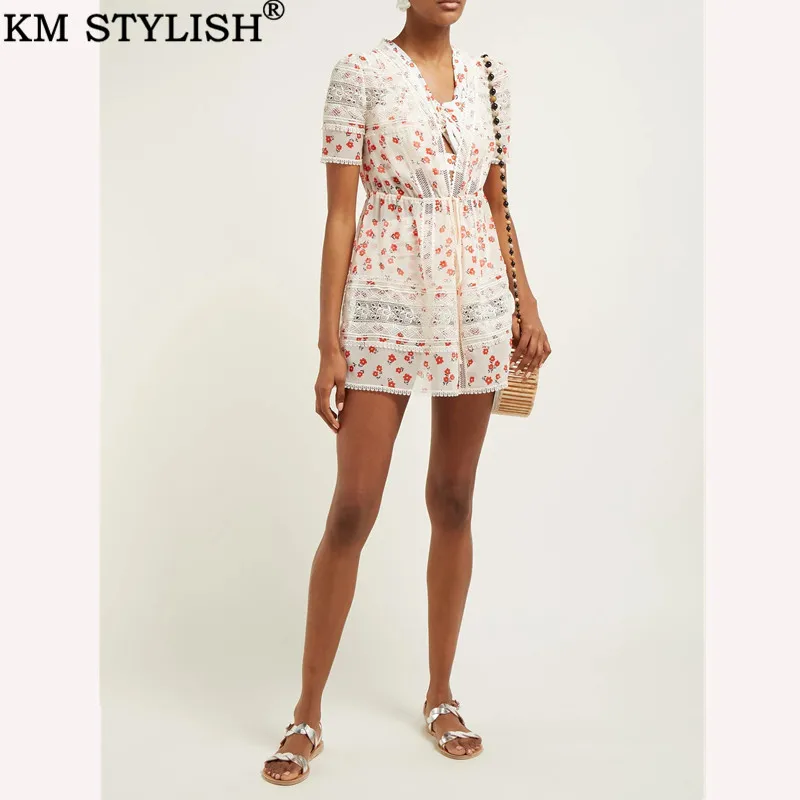 

SP2019 Summer New Style Slim Waist Women's Cutout Sexy Print Short Sleeve V-neck Lace Panel One-piece Dress S,M,L