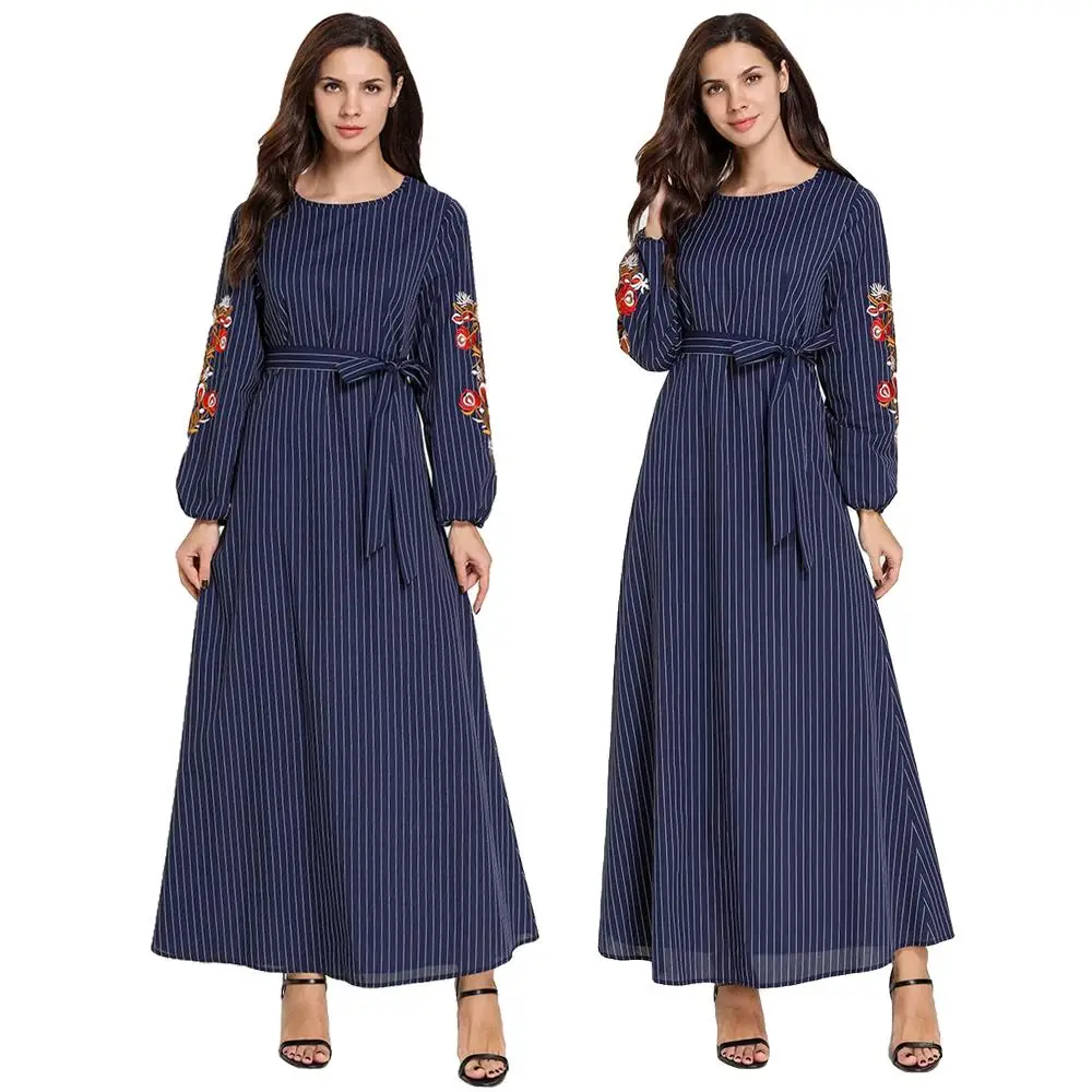 

Striped Embroidery Long Muslim Dress Women Islamic Kaftan Abaya Muslim Maxi Jilbab Robe Dubai Turkey O-neck Elegant With Belt