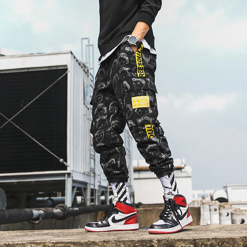Харадзюку мужские штаны для бега с принтом хип-хоп брюки карго Мужские Модные шаровары с принтом джоггеры брюки уличная одежда WG219 - Цвет: black