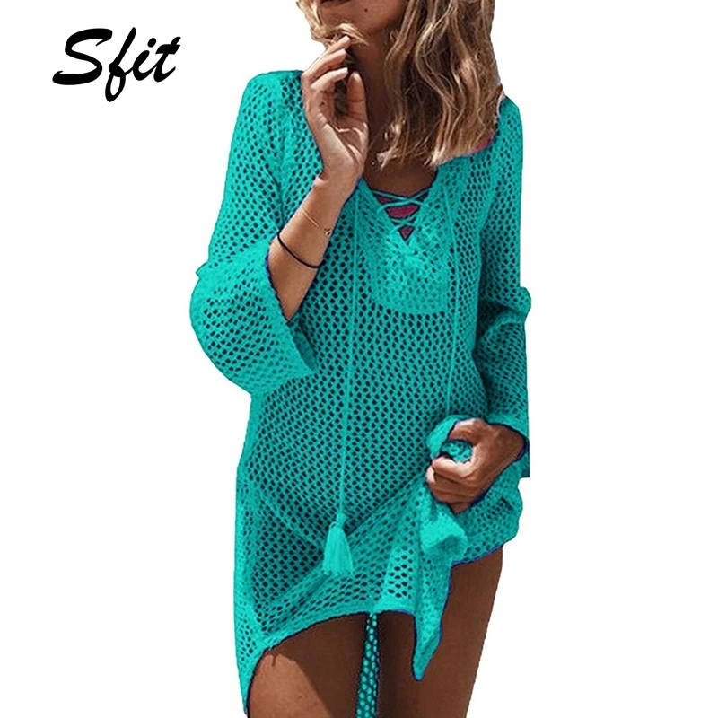 

Sfit New Beach Cover Bikini Crochet Knitted Tassel Tie Beachwear Women Summer Cover Up Dress Sexy Beach Wear Sundress
