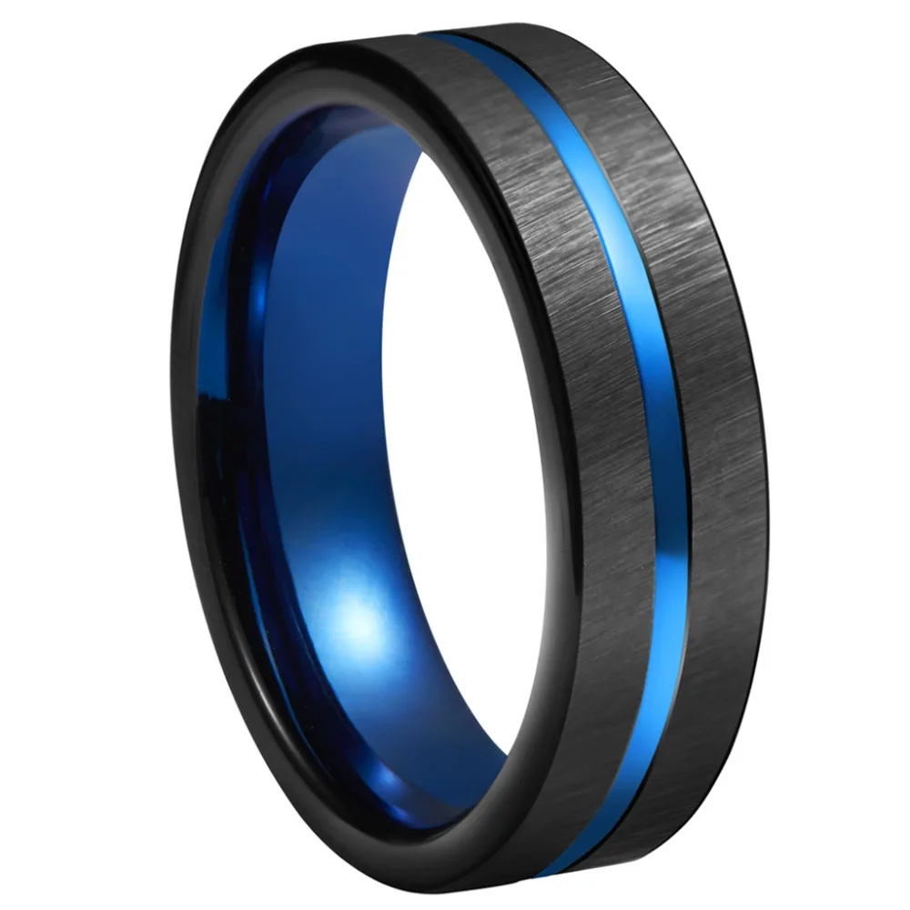 Blue Tungsten Ring 6mm Black Brushed Matte Blue Grooved Center Vintage ...