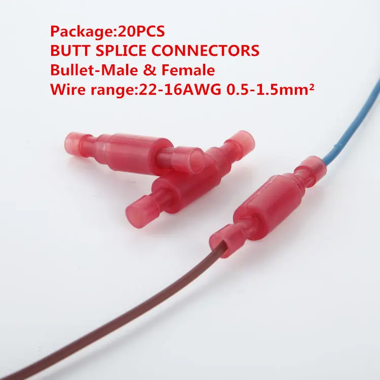 20PCS/ T016 Bullet-Male &amp Female BUTT SPLICE CONNECTORS RED Wire Splice Insulation Terminal Connector 22-16AWG 0.5-1.5mm2 10A |