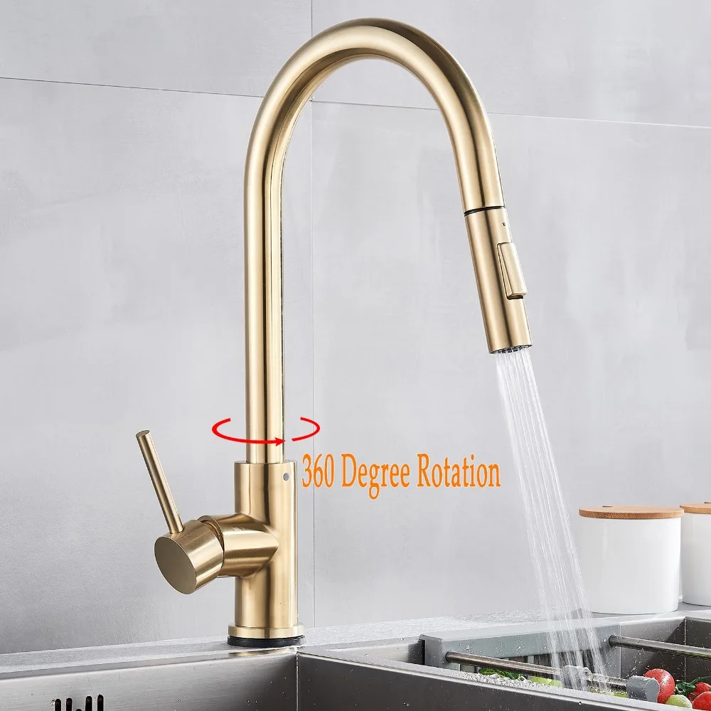 Brushed Gold Black Sensor Kitchen Faucet Pull Out Sensor Touch Kitchen Faucets Crane Dual Water Modes Mixer Single Hole Brass