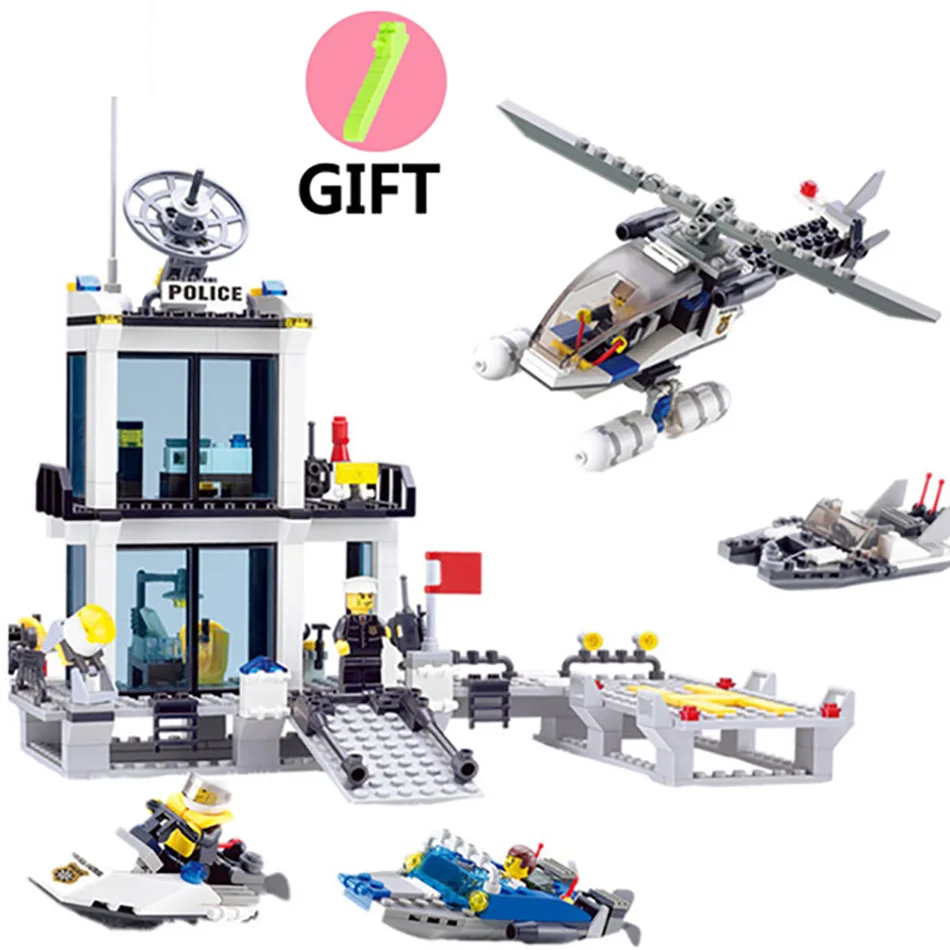 536pcs Educational Police Station Building Blocks Helicopter Boat Brick