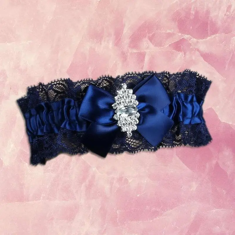Navy Blue Wedding Garters Lace Floal Rhinestone Bowknot Leg Garter For Bridal Female Women Floral Lace Wedding Leg Garters