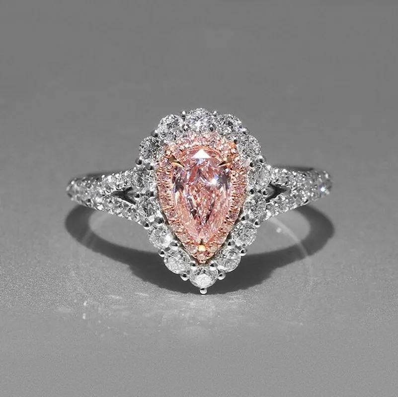 

Size 5-11 Simple Fashion Jewelry 925 Sterling Silver Pear Cut Pink Cubic Zirconia CZ Party Women Wedding Band Pave Ring Gift