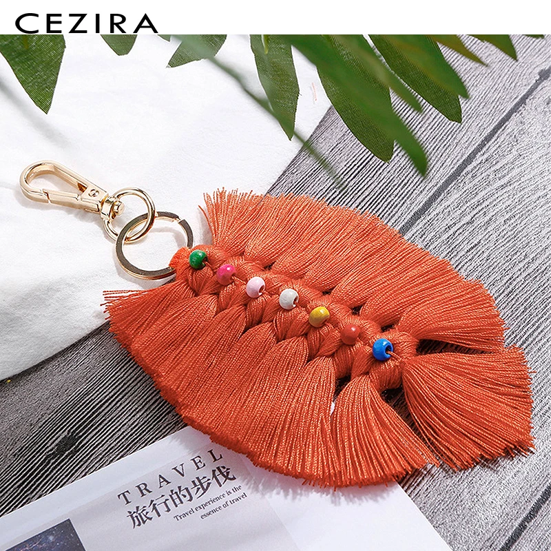 

CEZIRA Bohemia Style Colorful Tassel Bag Pendant For Women Color Beads Metal Key chain Girls Decorative Cotton Ornament For Bag