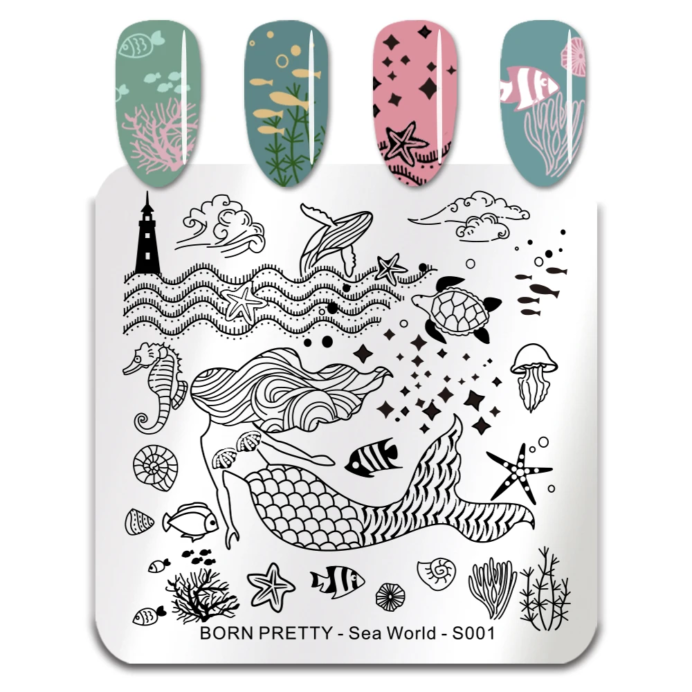 

BORN PRETTY Mermaid Stamping Template Square Sea World Fish Nail Art Stamp Image Plate Nail Art Stamping Plates Manicure Tools
