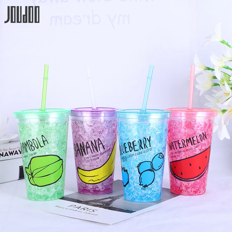 

JOUDOO Plastic Water Ice Bottle Creative Small Double Cup With Straw Summer Anti-fall Juice Water Office Camp Bottle Of Water 35