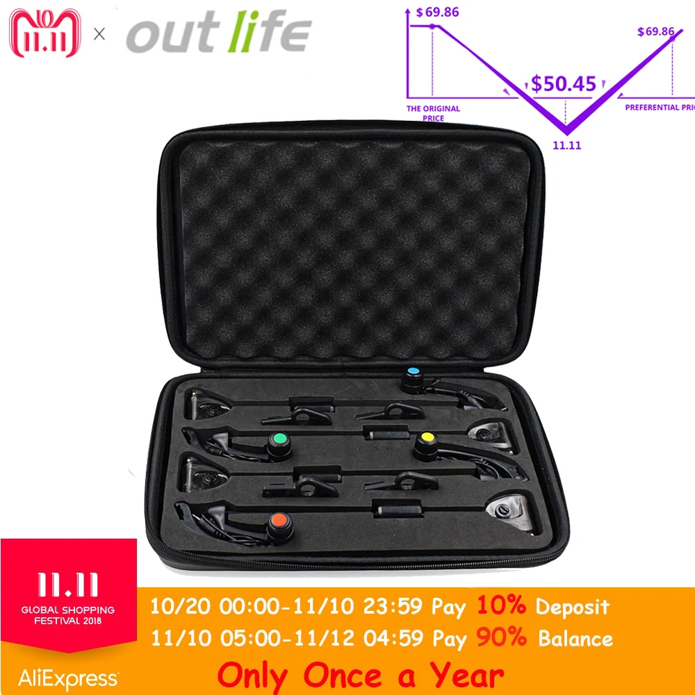 

Outlife JY-19-SW Wireless Digital Fishing Alarm Set 4 Bite Alarms With LCD Screen Indicator 1 Receiver 4 Fish Swingers With Zip