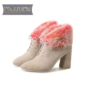 

MLJUESE 2018 women ankle boots cow Suede rabbit hair lace up winter short plush boots high heels snow boots size 33- 40