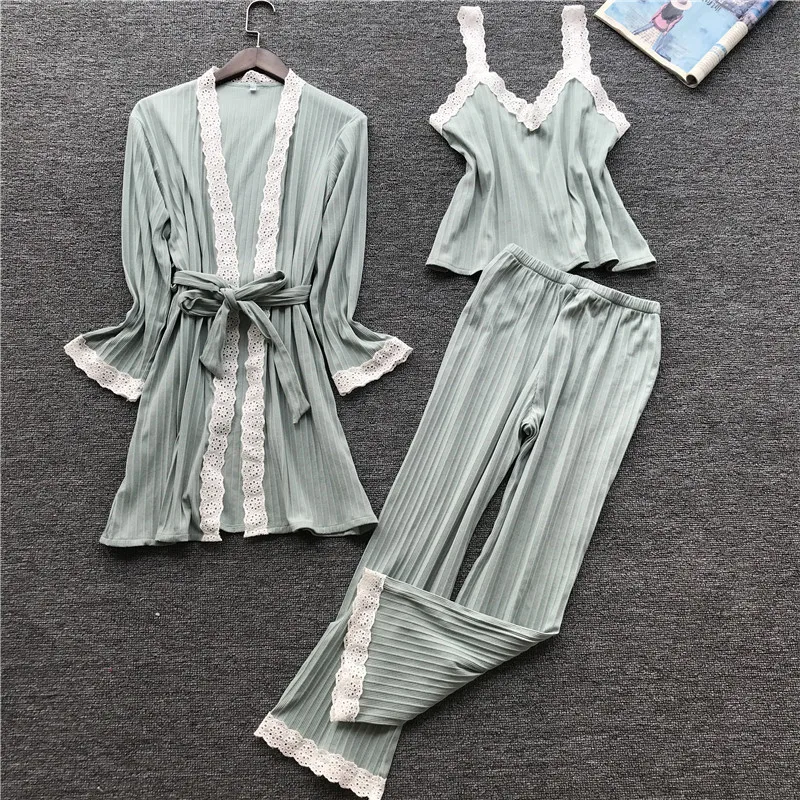 

Lisacmvpnel Autumn 3 Pcs Cotton Lace Sexy Woman Pajamas Nightdress+Cardigan+Long Pant Set Female Pijama
