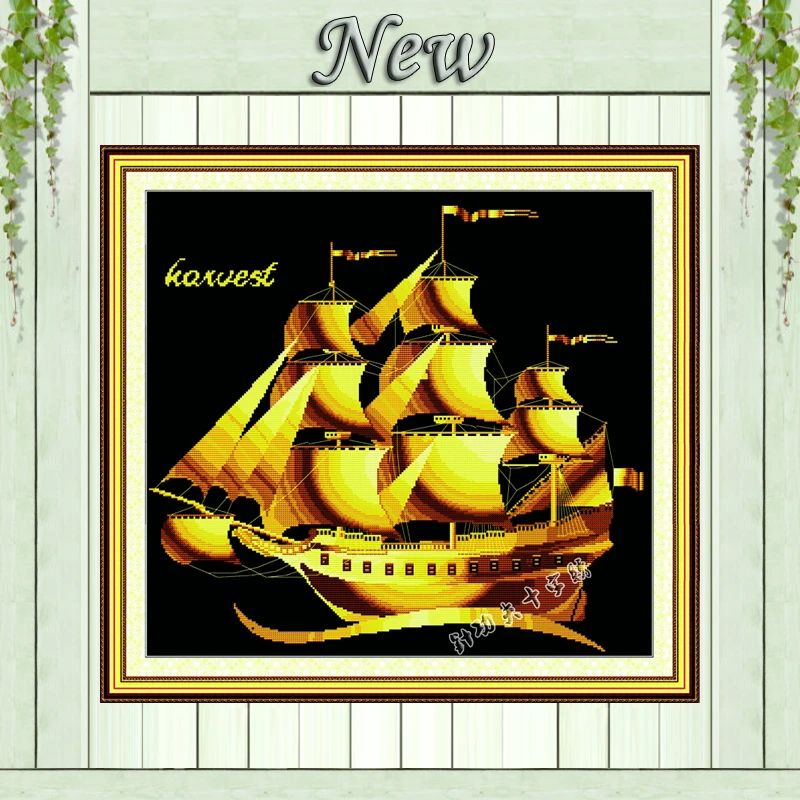Sailing harvest scenery black cloth painting counted on canvas DMC 14CT 11CT unprinted Cross Stitch Embroider kit Needlework Set | Дом и сад