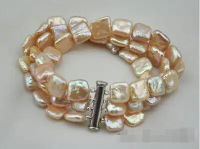 

Free Shipping >> new hot 3strands 8"11mm square pink freshwater pearl bracelet