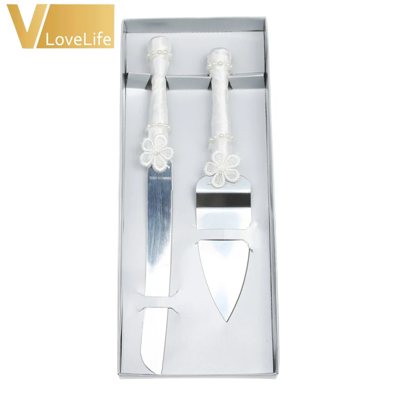 

Wedding Cake Server Stainless Steel Knife Set Cutter with Gift Box Lace Flowers Pearls For Brithday Home Party Wedding Decor