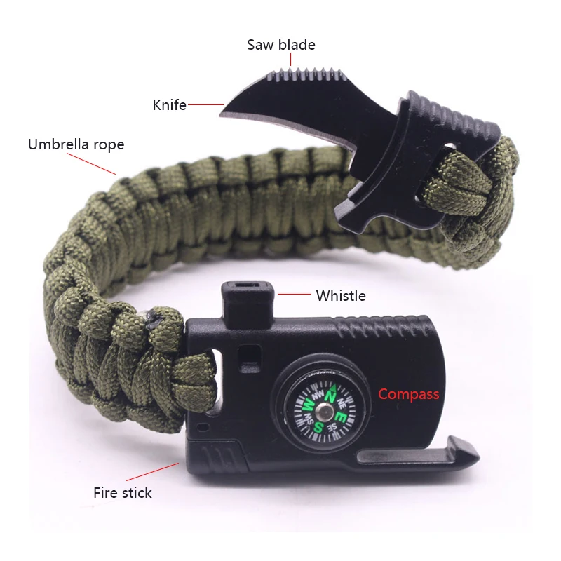 

Outdoor Emergency Self Defense Braided Bracelet Flintstone Whistle Landing Transformers Knife Multi-function Umbrella Bracelet