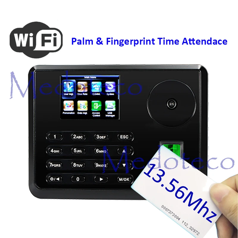 

New Wifi Palm Time Attendance Hybird Biometric Electronic Attendance BioID Fingerprint & 13.56Mhz IC Time Recorder