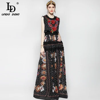 Fashion Runway Maxi Dress Women Floor Length Sleeveless Elegant Rose Flower Print Floral Embroidery Vintage Long Dress vintage style flower print swing dress