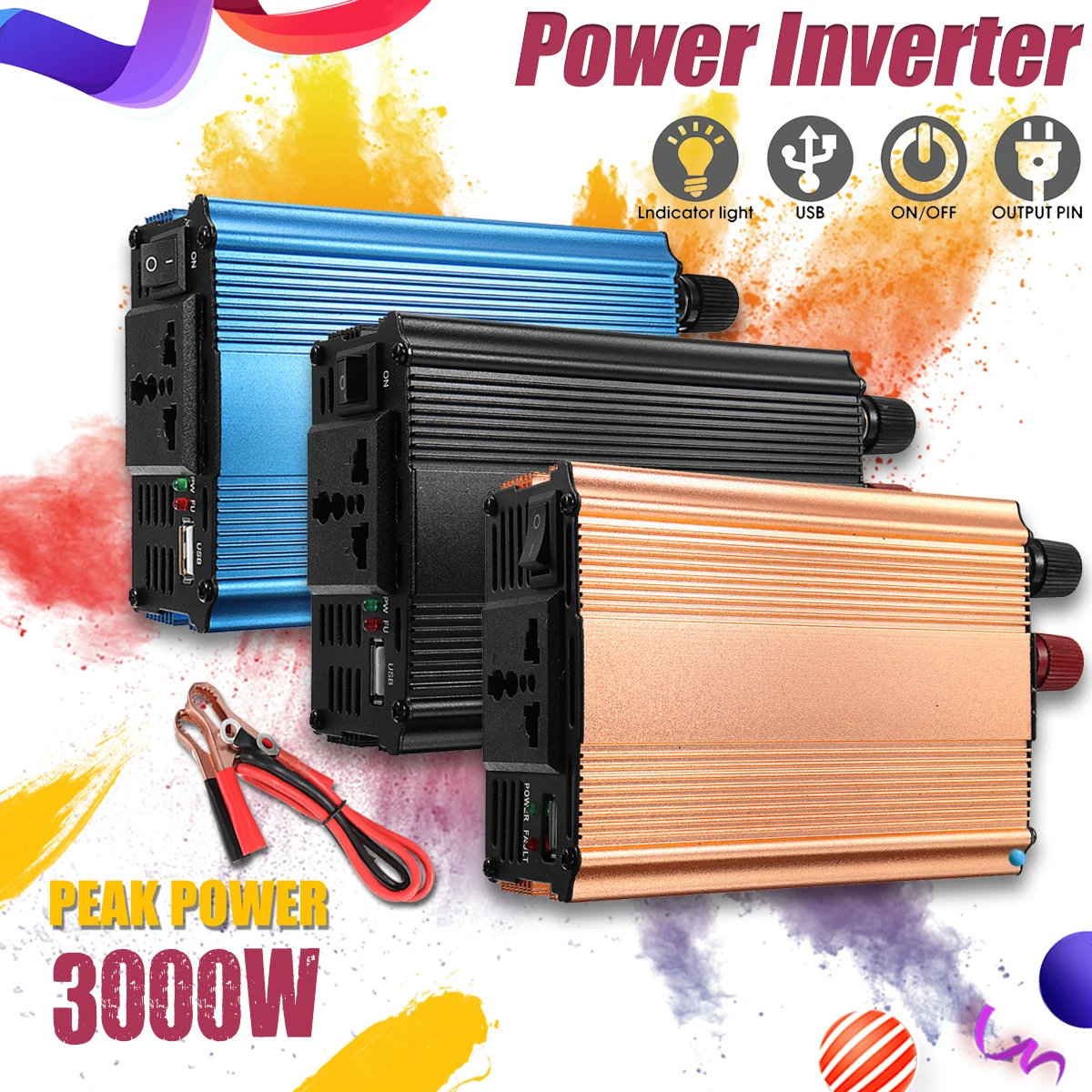

Inverter 12V 220V 3000W Peak Car Power Inverter Voltage Transformer Converter 12 220 Charger Solar Inversor 12V 220V 3 Color