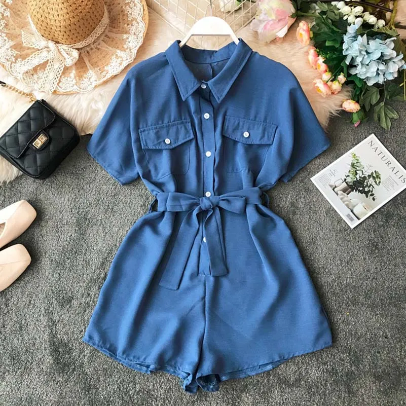 

NiceMix Summer Women Jumpsuit 2019 Button Summer Work Blouse Rompers Short Jumpsuit Women Playsuit High Waist Tie Office Ladies