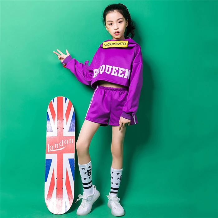 

Girls Loose Jazz Hip Hop Dance Sets Competition Costume Hoodie Crop Purple Tops shorts Teens Kid Dancing Clothing Clothes Wear