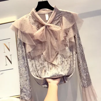 

Autumn New Women Velvet Shirt Velour Layer Yarn Butterfly Knot Stitching Urban Drawstring Splicing Blouse Shirts