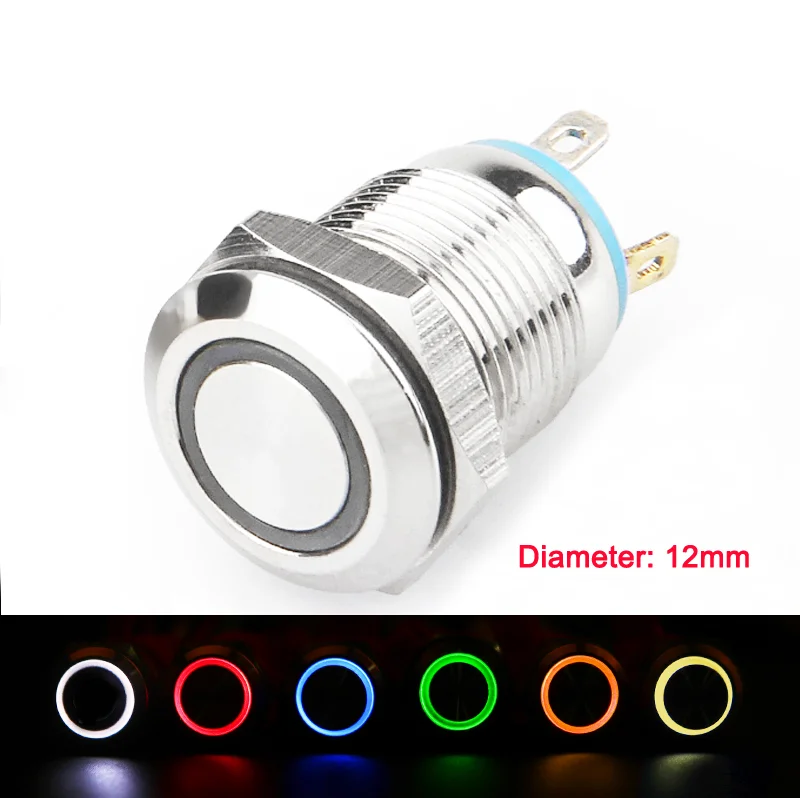 1pcs 12V Automatic Reset Switch Self Reset Metal Push Button Switches With Lamp 6 Colors