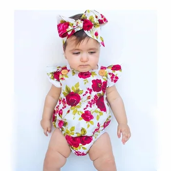 

2019 Cute Newborn Baby Girls Floral Summer Sleeveless Cotton Bodysuit Jumpsuit Outfits Playsuit
