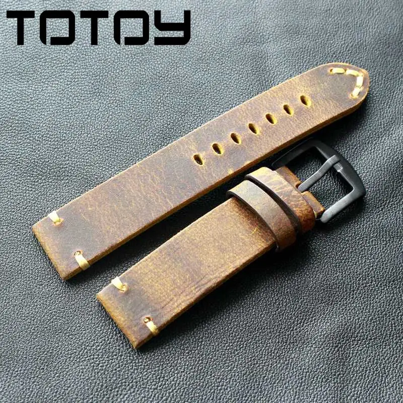 Винтажный кожаный ремешок для часов TOTOY ручная работа из бешеной кожи 19 20 21 22 24 м в