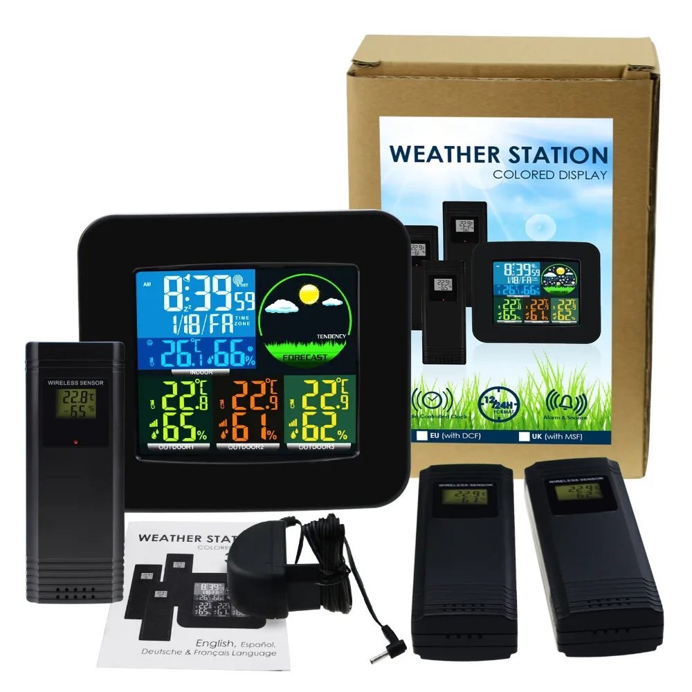 Цифровая метеостанция RCC DCF с 3 крытыми/наружными беспроводными датчиками 6 видов погоды, термометр и гигрометр