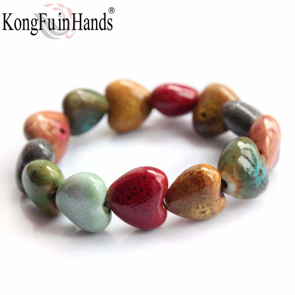 

Hot Sale Heart Shaped vintage beads lady bracelet Bohemia Ceramic stone charm women Bangles fashion christmas gift free shipping