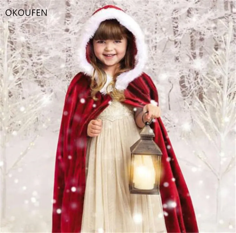 

Red Fur Flower Girl Wedding Jackets Child Winter Bridal Capes Cloak Cap Keep Warm chaqueta hood Wedding Accessories capa