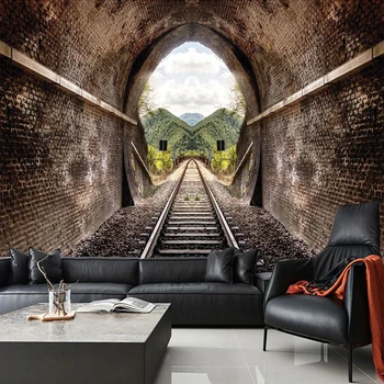 

Custom 3D photo wallpaper 3D stereo train tunnel retro wallpaper KTV living room Cafe Restaurant lounge wallpaper