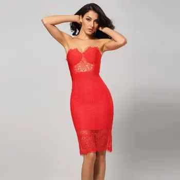 

Strapless Red Bandage Dress Lace Sleeveless Elegant Sexy Celebrity Fashion Bodycon Night Club Dress Party Summer