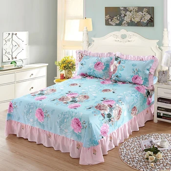 

3Pcs Queen King Ruffled Bed Sheet Set with 2Pcs Pillowcases Floral Blossom Flat Sheet 100%Cotton Sheet Breathable Ultra Soft