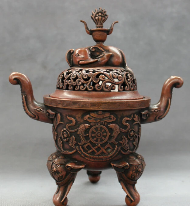 

Fast shipping USPS to USA S1381 10" Tibet Bronze Auspicious Elephant Statue Red Copper Incense Burner Censer