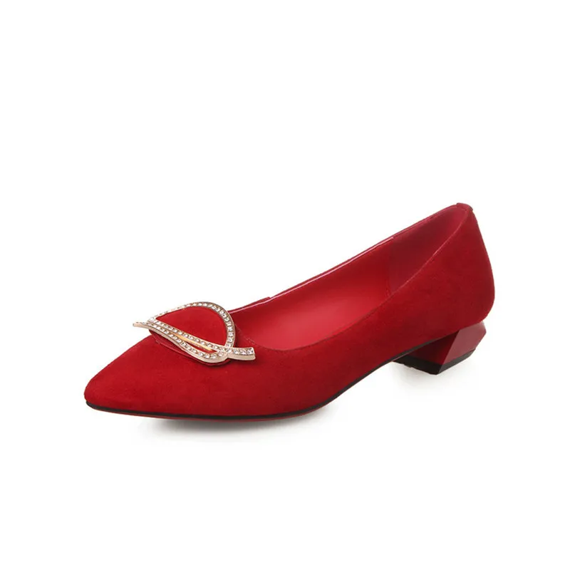 

2017 Spring New Designer Women's Pointed Toe Red Genuine Leather 2.5cm Thick Heel Nubuck Low-heeled Shoes sheepskin 2 Colors