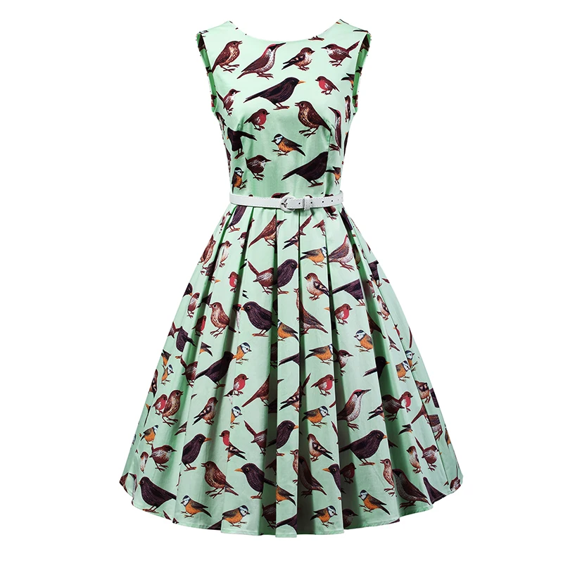 Kostlish 2017 Retro Summer Dress Women Sleeveless A-Line Vintage Dress With Belt Bird Print Ladies Casual Dresses Plus Size 3XL (9)