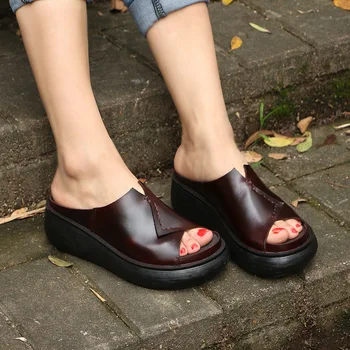 

New Natural Full Genuine Leather Shoes Women Slippers Casual Sandals 2019 Loose Comfort Increase Wedges Sandals Women Sandals