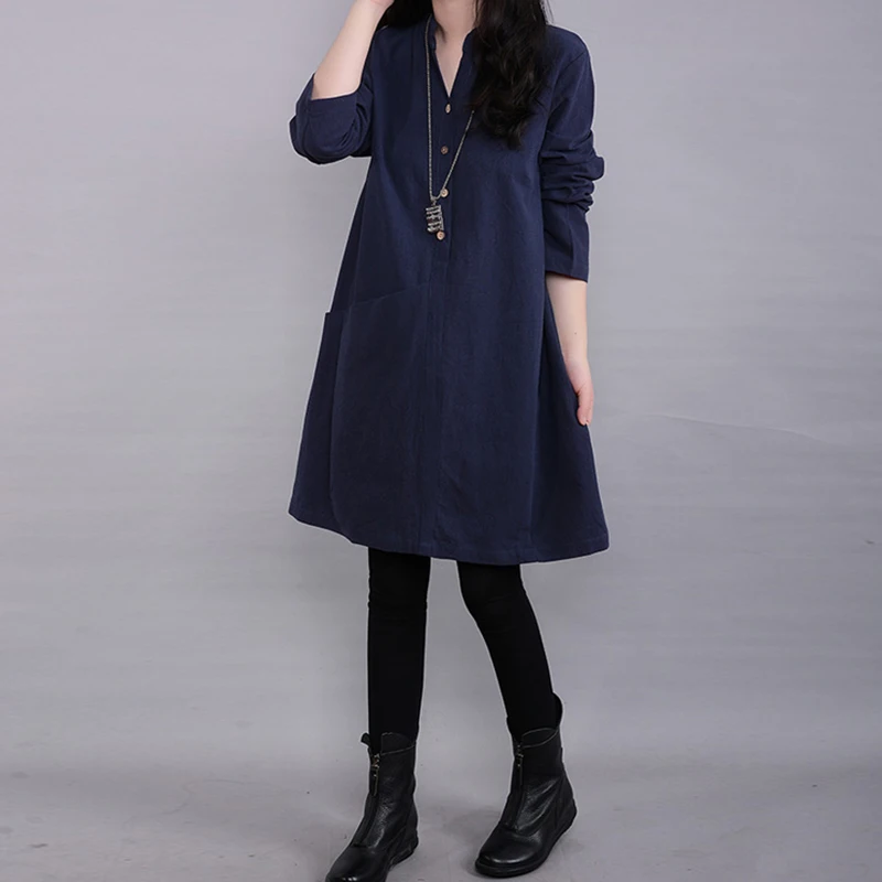 Cotton Linen Women's Long Sleeve Dress Ladies Solid Casual Loose Party Dress New