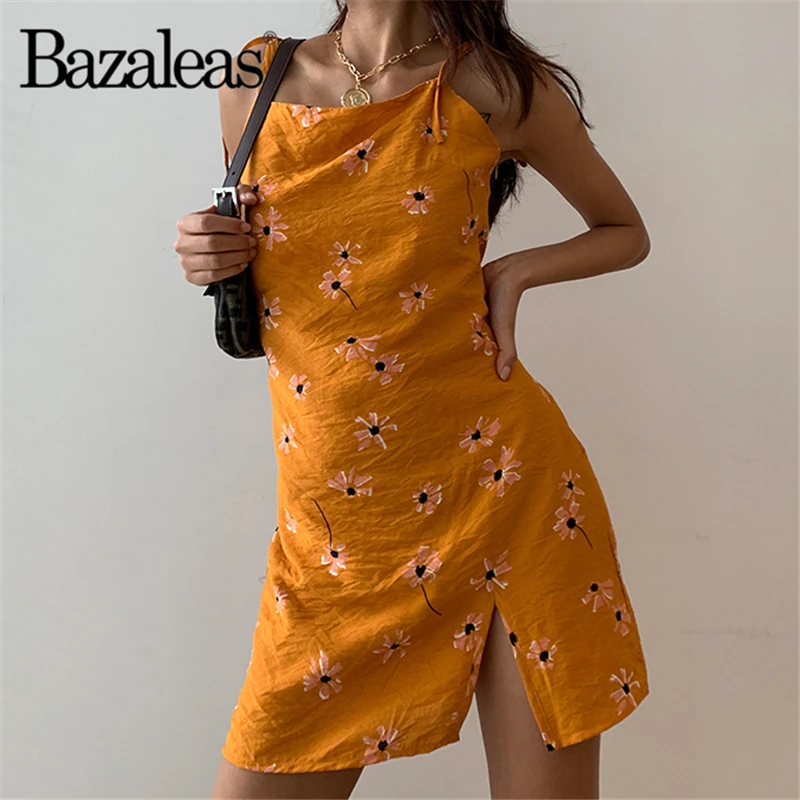 

Bazaleas Cotton Sexy Adjust spaghetti strap Orange summer dress Sunflower Print women dresses Split vestido drop shipping