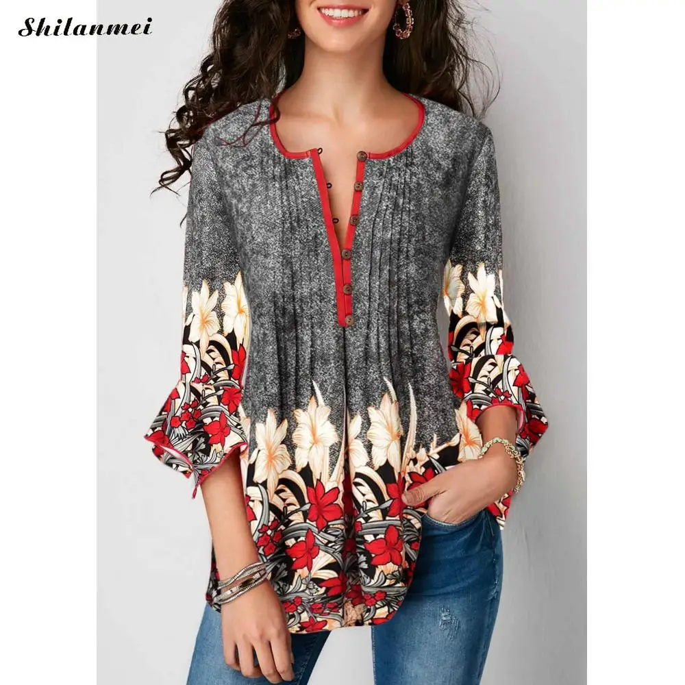 Женская блузка с рукавом три четверти с цветочным принтом, повседневная свободная туника, женская блузка, рубашки, модная женская одежда размера плюс, 5XL - Цвет: gray