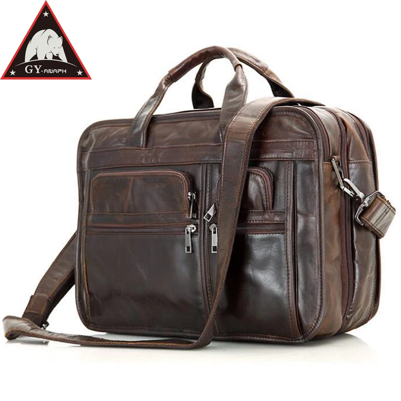 

ANAPH Full Grain Leather Men's Briefcases 15 Inches Laptop Bag For Men Business Tote Bags Double Zippers Open Top Quality Coffee