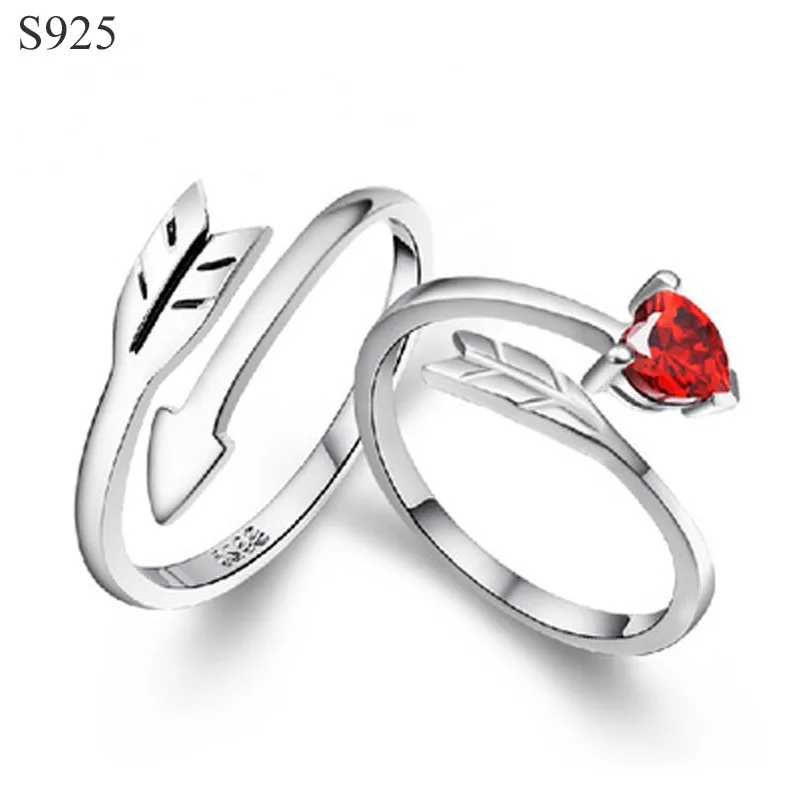 

Genuine Real Pure Solid 925 Sterling Silver Couple Rings Jewelry Women Men Female Male Ring Arrow Heart Red Cubic Zircon Bague
