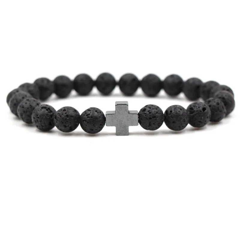 

Wholesale Trendy jesus cross Charm men bracelets Black Lava Stone 8mm Beads Bracelets & Bangles for women Jewelry