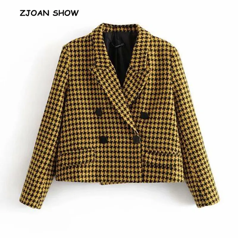 

Retro Notched Collar Check Plaid Blazer New Women High Waist Basic Coat Soft Woolen 2018 Vintage Pocket Slim Coat Outerwear Tops