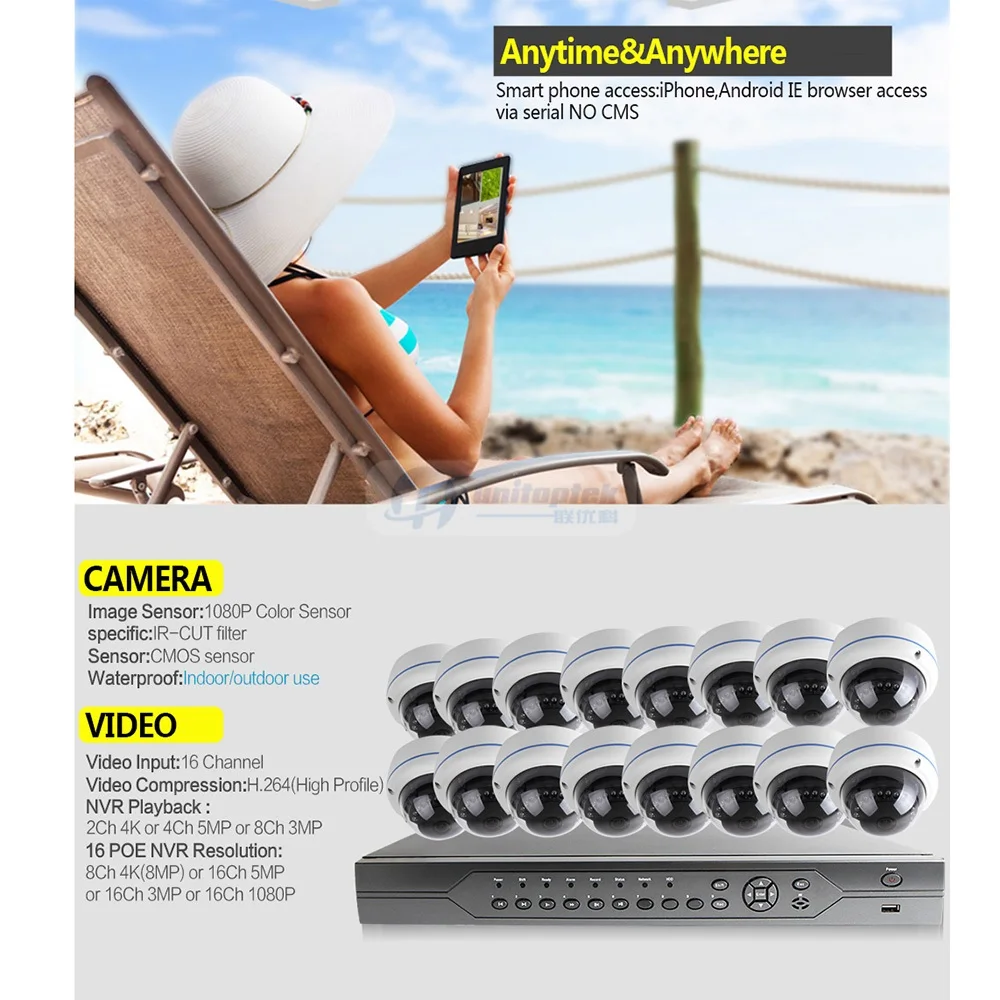 Комплект системы безопасности UNITOPTEK 16CH 1080 P POE NVR 16 шт. Full HD купол IP камера 2.0MP