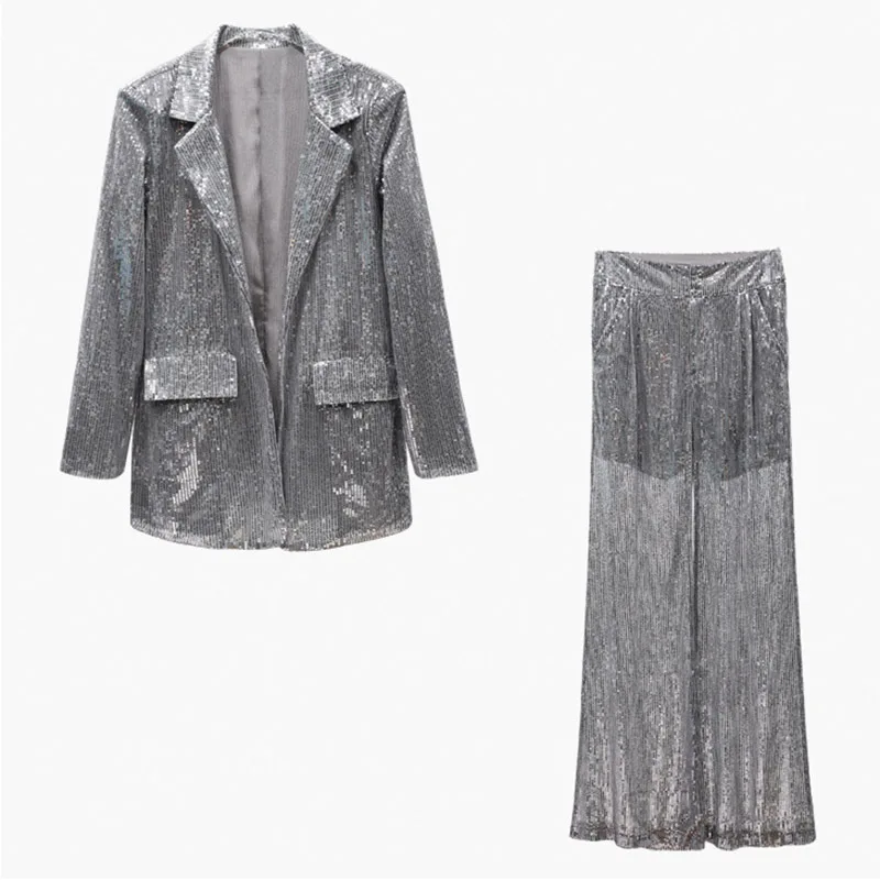 

GetSpring Women's Sets Sequins Perspective Loose Blazer Jacket High Waist Wide Leg Pants Blazer Set Women Sets Clothes 2018 New