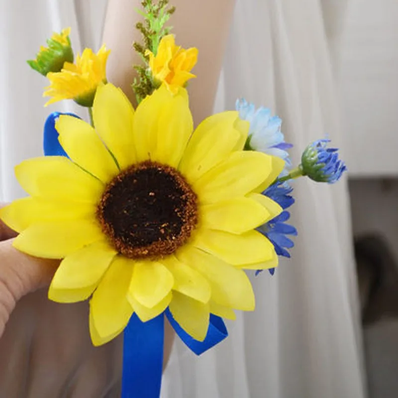 

Yellow Silk Sunflower Artificial Bride Bridesmaid Wedding Flower Hand Wrist Corsage Party Decor Girl Bracelet Bridal Wristband