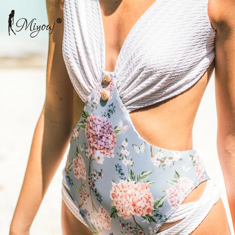 

Miyouj Floral Swimsuit Retro Sexy Backless Swimwear Women Deep V-neck Monokini Print Bandage Bathing Suit Ladies One-Piece Suits